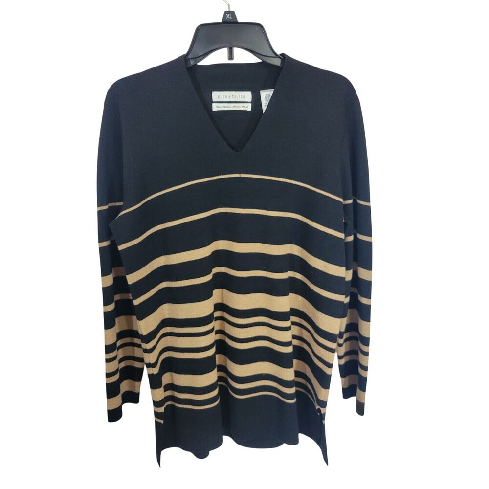 Pursuits Ltd. Brown Black‎ 100% Merino Woolmark V-Neck Sweater Womens Large